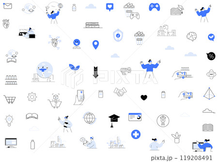 A collection of icons and illustrations showing AR, VR, and mixed reality. It includes human figures, virtual environments, smart devices, and modern technology, highlighting interactive experiences 119208491