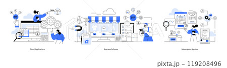 People interacting with cloud applications, business software, and subscription services. Ideal for digital transformation, business management, tech solutions, analytics and e-commerce. Blue metaphor 119208496