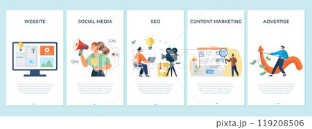 Social media, seo, advertise, content marketing, website banners set. Digital management, business communication concept. Can use for web banner, infographics, hero images and promotion agency 119208506