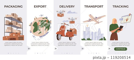 Logistic distribution landing page template set. Good trade and logistics, international delivery. Packaging, export, transport, tracking. Warehousing, transportation, and inventory management Logistic distribution landing page template set. Good trade and logistics, international delivery. Packaging, export, transport, tracking. Warehousing, transportation, and inventory management 119208514
