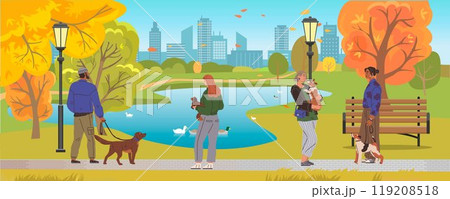 Owners walking dogs in park zone. Large public garden, land area with autumn yellow grass and trees. People are walking along road, grandmother with doggy, man and woman, girl teenager with puppy Owners walking dogs in park zone. Large public garden, land area with autumn yellow grass and trees. People are walking along road, grandmother with doggy, man and woman, girl teenager with puppy 119208518