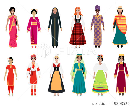 Illustration of women from diverse cultures, each wearing traditional attire. For cultural diversity, global unity, tradition, multiculturalism, world heritage, inclusion, cultural representation. Illustration of women from diverse cultures, each wearing traditional attire. For cultural diversity, global unity, tradition, multiculturalism, world heritage, inclusion, cultural representation. 119208520