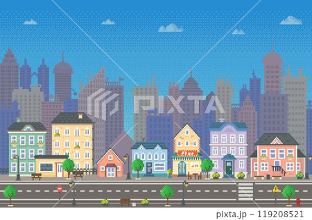 Pixel art city background with colorful houses, trees, a road with vehicles and a vibrant skyline of tall buildings. Ideal for urban themes, retro aesthetics, video games, city planning, educational Pixel art city background with colorful houses, trees, a road with vehicles and a vibrant skyline of tall buildings. Ideal for urban themes, retro aesthetics, video games, city planning, educational 119208521
