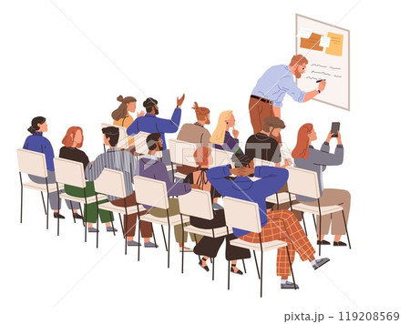 Group of students seated in rows attentively watching a teacher who is writing on a whiteboard. Students are diverse and some are taking notes or raising their hands. Ideal for education, seminars Group of students seated in rows attentively watching a teacher who is writing on a whiteboard. Students are diverse and some are taking notes or raising their hands. Ideal for education, seminars 119208569