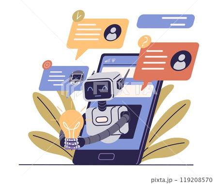 A robotic figure appears from a smartphone screen, holding a glowing lightbulb. Speech bubbles with user icons signify communication. Ideal for technology AI robotics communication chat innovation 119208570