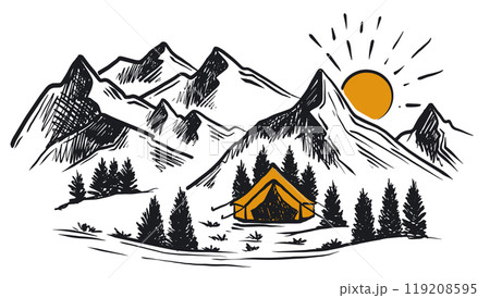 Camping in nature, Mountain landscape, sketch style, vector illustrations.	 119208595
