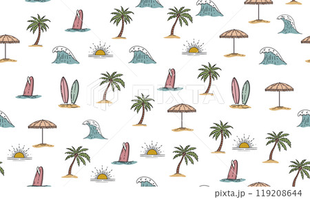 Wave, ocean, surfboard, palm trees, leaves, monstera, hand drawn illustration, vector. Wave, ocean, surfboard, palm trees, leaves, monstera, hand drawn illustration, vector. 119208644