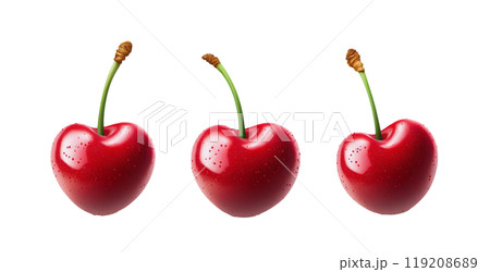 Three vibrant red cherries with stems arranged neatly on a white background Three vibrant red cherries with stems arranged neatly on a white background 119208689