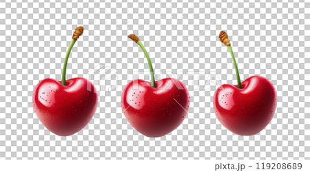 Three vibrant red cherries with stems arranged neatly on a white background Three vibrant red cherries with stems arranged neatly on a white background 119208689