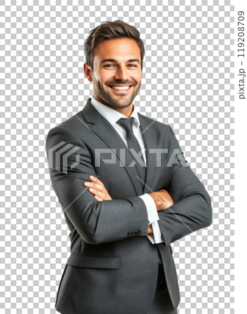 Confident businessman in a suit smiling with arms crossed against a plain background 119208709