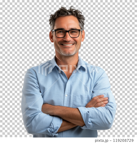 A smiling middle-aged man with glasses wears a blue shirt, arms crossed in a bright setting A smiling middle-aged man with glasses wears a blue shirt, arms crossed in a bright setting 119208729