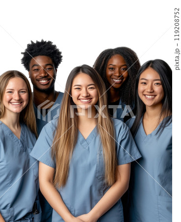 Group of diverse female healthcare professionals smiling together in a well-lit room 119208752