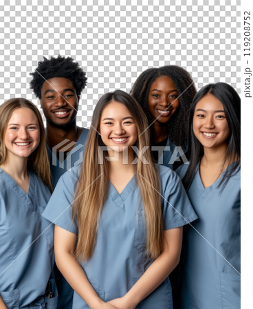 Group of diverse female healthcare professionals smiling together in a well-lit room 119208752