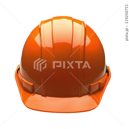 Bright orange safety helmet for construction workers placed on a white background 119208753