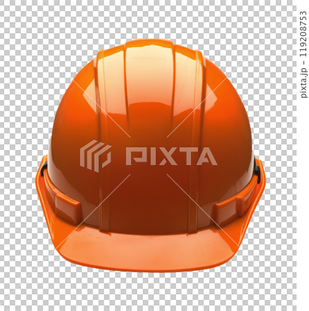 Bright orange safety helmet for construction workers placed on a white background 119208753