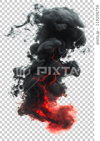 Dark cloud formation with lightning striking at the center during a stormy weather event 119208756