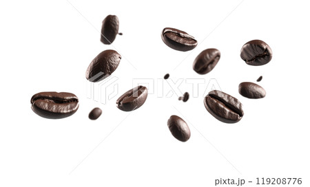 Coffee beans in mid-air showcasing their rich texture against a white background 119208776