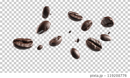Coffee beans in mid-air showcasing their rich texture against a white background 119208776