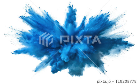 Bright blue explosion of powder creating dynamic cloud effects in a clear background 119208779