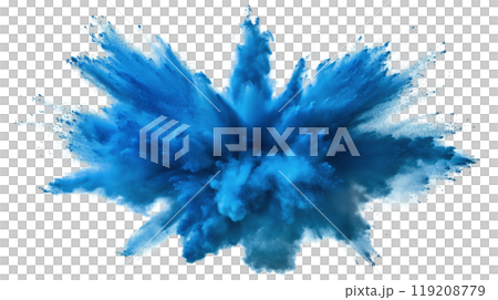 Bright blue explosion of powder creating dynamic cloud effects in a clear background 119208779