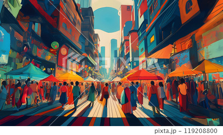 歩行者で混雑した都市の通りのイラスト 119208800