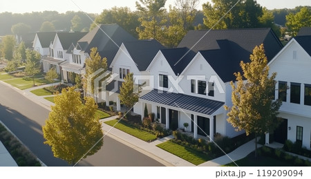 Modern residential neighborhood with contemporary houses surrounded by green landscaping at sunset 119209094