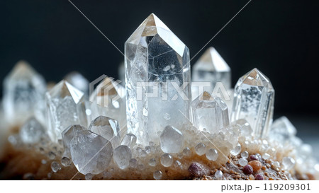 sample of group of clear quartz crystal, close-up. A cluster of crystals with a black background 119209301