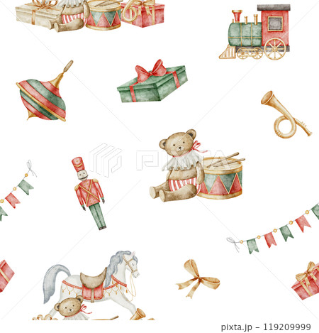 Toys seamless watercolor pattern. illustration of ornament with retro rocking horse and teddy bear for baby textile design or nursery wallpaper. Drawing of tile in red and green colors for Christmas. 119209999
