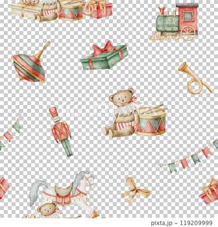 Toys seamless watercolor pattern. illustration of ornament with retro rocking horse and teddy bear for baby textile design or nursery wallpaper. Drawing of tile in red and green colors for Christmas. 119209999