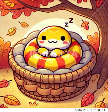 秋の季節　かごに入ったかわいいヘビ 119210351