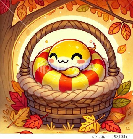 秋の季節　かごに入ったかわいいヘビ 119210353