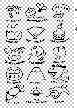 Cute New Year's lucky charm illustrations, English letters, hand-drawn, line drawings 119210419