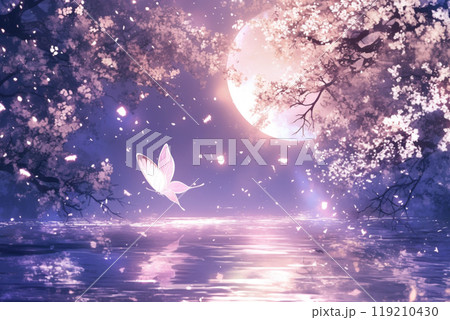 満月と桜と蝶のイラスト素材 [119210430] - PIXTA