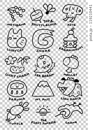 Illustration of a snake and New Year's lucky charms, New Year's material, English letters, line drawing, monochrome Illustration of a snake and New Year's lucky charms, New Year's material, English letters, line drawing, monochrome 119210441