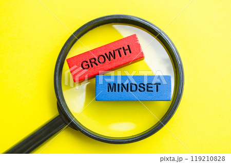 Growth mindset text on multicolored wooden blocks with magnifying glass background. Motivational concept Growth mindset text on multicolored wooden blocks with magnifying glass background. Motivational concept 119210828