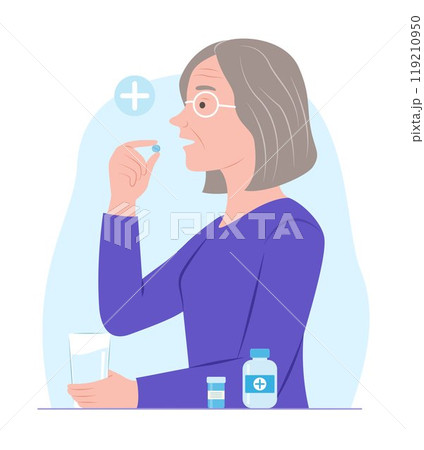 Senior Woman Takes a Pill for Healthcare and Medical Concept Illustration 119210950