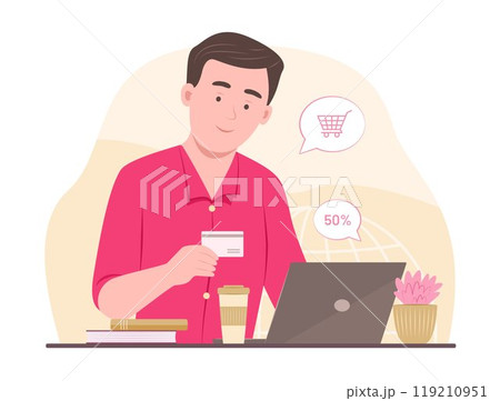 Young Man Doing Online Shopping on Laptop for E-Commerce Concept Illustration 119210951