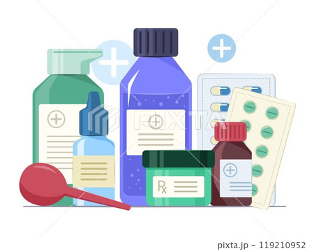 Group of Medicine Bottles, Medicine Packs and Syringe Ball for Healthcare and Medical Concept Illustration 119210952