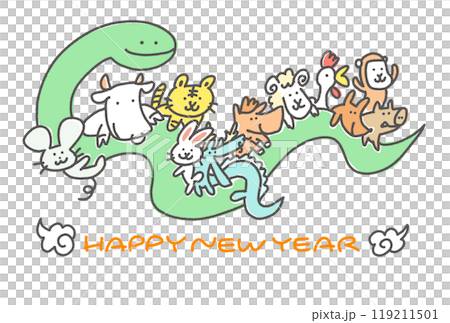 New Year's card with a cute zodiac animal riding a snake, 2025, line drawing, hand-drawn New Year's card with a cute zodiac animal riding a snake, 2025, line drawing, hand-drawn 119211501