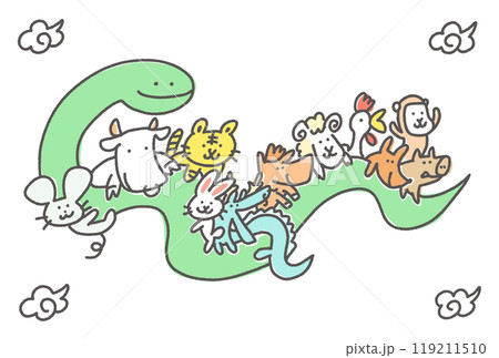 蛇に乗る可愛い干支のイラスト　十二支　正月素材　2025　手描き 119211510
