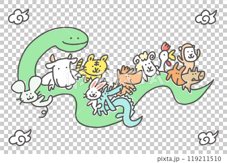 蛇に乗る可愛い干支のイラスト　十二支　正月素材　2025　手描き 119211510