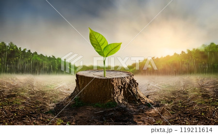 A new life begins in the form of a small tree growing from the trunk of a cut tree, with the sunset in the background A new life begins in the form of a small tree growing from the trunk of a cut tree, with the sunset in the background 119211614