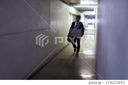 Fired, quit or businessman with box in office building for stress, mistake or startup fail. Depression, unemployment or frustrated lawyer walk corridor for termination, dismissal or inflation crisis Fired, quit or businessman with box in office building for stress, mistake or startup fail. Depression, unemployment or frustrated lawyer walk corridor for termination, dismissal or inflation crisis 119211653