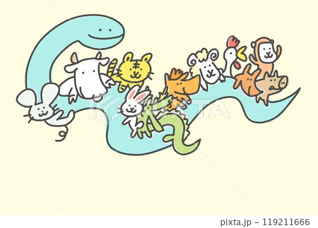 蛇に乗る可愛い干支のイラスト 十二支 年賀状素材 2025 手描き 蛇に乗る可愛い干支のイラスト 十二支 年賀状素材 2025 手描き 119211666
