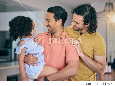 Gay father, girl and hug in house for smile, thinking or together for bonding, care or love. LGBTQ men, parents and happy female child with embrace, diversity and adoption with pride in family home Gay father, girl and hug in house for smile, thinking or together for bonding, care or love. LGBTQ men, parents and happy female child with embrace, diversity and adoption with pride in family home 119211807