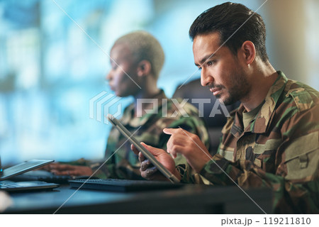 Asian man, army and tablet in surveillance, control room or checking data for military intelligence. Male person, security or soldier working on technology for online dispatch or networking at base 119211810