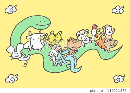 蛇に乗る可愛い干支のイラスト　正月素材　十二支　年賀状素材　2025　手描き 119211871