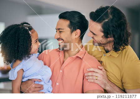 Gay father, girl and hug in home for smile, comic laugh or together for bonding, care or love. LGBTQ men, parents and happy female child with embrace, funny joke or adoption with talk in family house Gay father, girl and hug in home for smile, comic laugh or together for bonding, care or love. LGBTQ men, parents and happy female child with embrace, funny joke or adoption with talk in family house 119211877