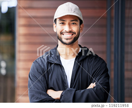Arms crossed, portrait and asian man courier outdoor for delivery and service with a smile. Face, proud and happy Japanese male carrier ready for ecommerce, order or logistics, mail or distribution Arms crossed, portrait and asian man courier outdoor for delivery and service with a smile. Face, proud and happy Japanese male carrier ready for ecommerce, order or logistics, mail or distribution 119211958