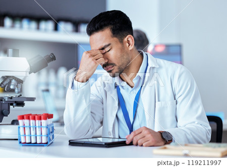 Sad scientist, headache and man depressed about clinic news, mental health problem or healthcare anxiety. Tablet error, migraine and lab person stress from science risk, pain or DNA experiment fail 119211997